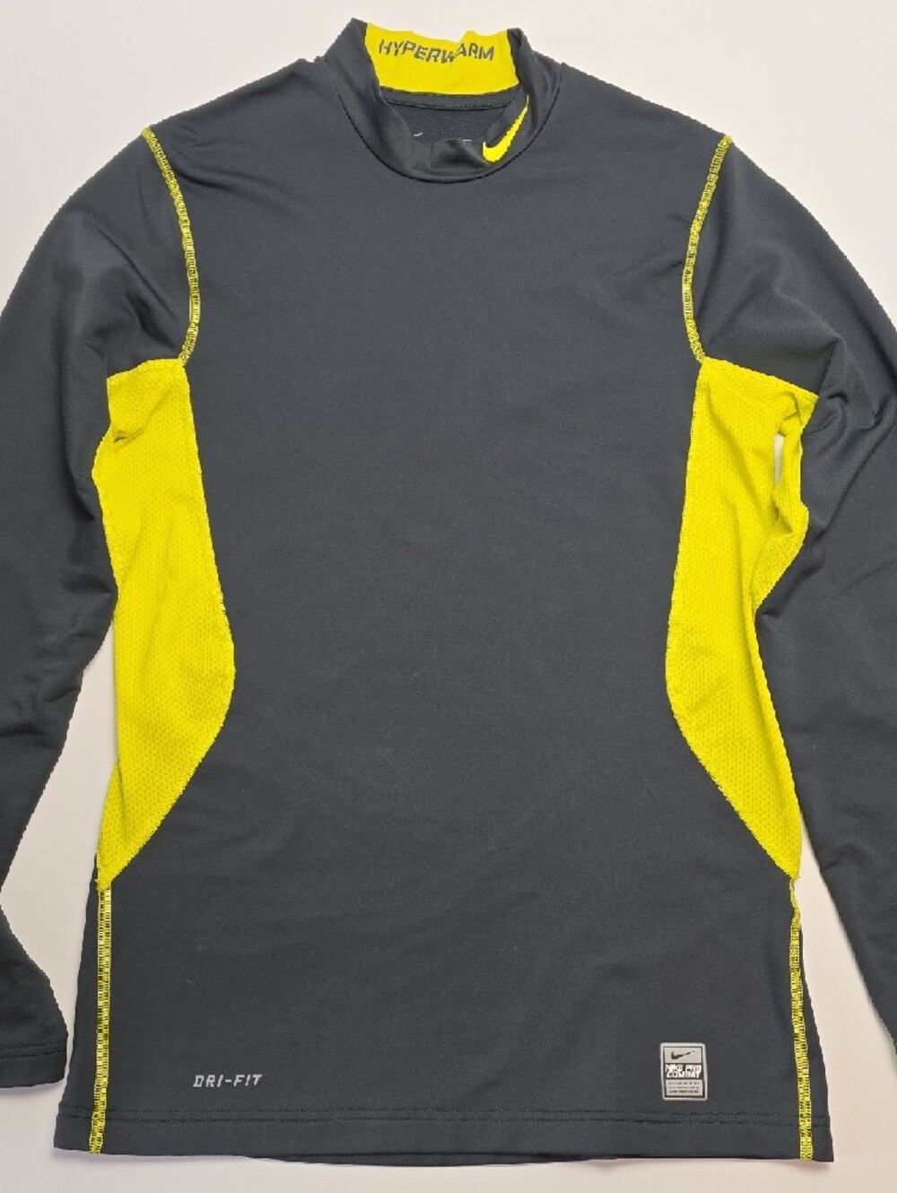 Nike Pro Combat Black/Yellow Dri Fit Top Training Stretch Gym Long Sleeve Shirt - Picture 4 of 7